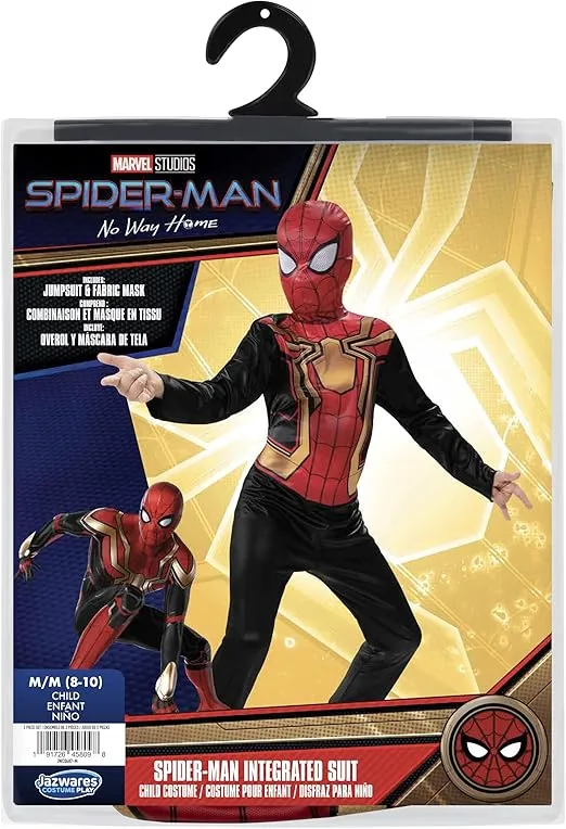 Marvel Integrated Spider-Man Official Youth Halloween Costume - Premium Quality Printed Jumpsuit with Pull On Fabric Mask