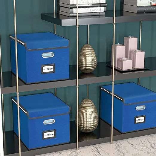 Huolewa Decorative File Organizer Box Office Document Storage with Lid, Portable Collapsible Linen Hanging Filing & Storage Boxes for Office/Decor/Home (Royal Blue) - 14.9 x 12.7 x 10.8 inch - 1Pack