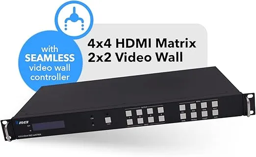 OREI Professional 4K 4X4 HDMI Matrix Video Wall, Seamless Switching HDCP 2.2 UltraHD 4K @ 60Hz 4:4:4 Switcher & IR Control, Audio Extract, RS-232 - Zero Latency 4 Displays 2x2 Video Wall @ 1080P