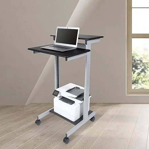 Stand Up Desk Store Rolling Adjustable Height Two Tier Standing Desk Computer Workstation (Silver Frame/Black Top, 24" Wide)