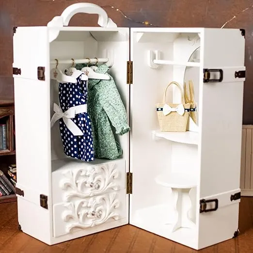The Queen's Treasures 18 Inch Doll Clothes Storage Case Furniture, Fully Assembled White Wooden Trunk Includes Vanity, Stool, Hangers, Compatible for Use with American Girl Dolls, Clothes & Shoes