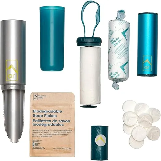 Backpacking Trowel Toilet Kit - Includes Aluminum Camping Shovel, Toilet Paper, Packout Bags, Soap Flakes & Compressed Towelettes