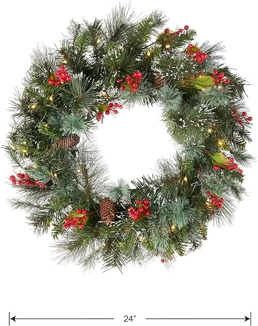 National Tree Company Pre-Lit Artificial Christmas Wreath, Green, Crestwood Spruce, White Lights, Decorated with Pine Cones, Berry Clusters, Frosted Branches, Christmas Collection, 24 Inches