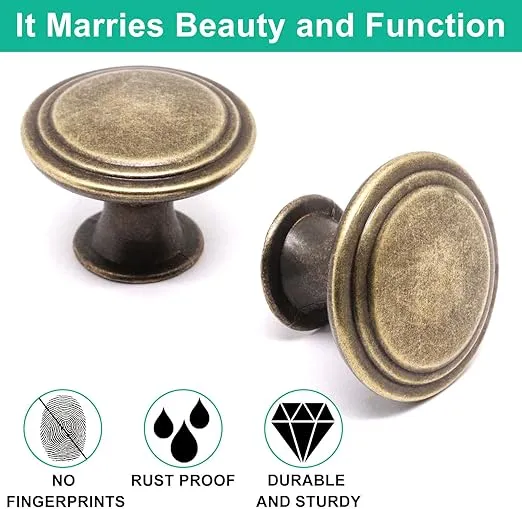 Cabinet Knobs Antique Brass 25 Pack, Round Cabinets Knobs 1.2 inch Bathroom Knobs for Cabinets Kitchen Cabinet Door Knobs Cupboard Knobs for Dresser Drawers Cabinets