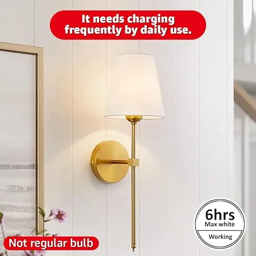 YESIE Battery Operated Wall Sconce Set of Two,Remote Control,Soft Warm 2700K-6000K,No Flicker,50W Equivalent Lamp,450Lumens,Detachable Charging,Picture Light,Dimmable,White Shade,Non Hardwired(Gold)
