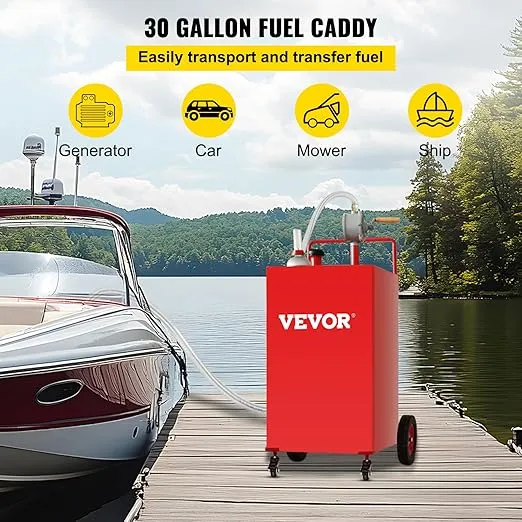VEVOR Fuel Caddy 35 Gallon, Gas Storage Tank on 4 Wheels, with Manual Transfer Pump, Gasoline Diesel Fuel Container for Cars, Lawn Mowers, ATVs, Boats & More, Red