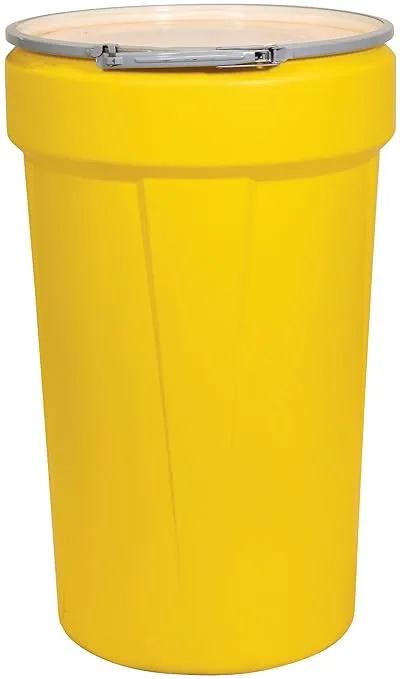 Eagle 55 Gallon Plastic Drum with Lid, Metal Lever-Lock, 39.1"x23.8", Open Head Lab Pack Drum Made of Durable, Lightweight HDPE, Withstands Weather and Chemicals, Made in USA, Yellow, 1655M