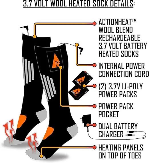 ActionHeat 3V Wool Rechargeable Battery Heated Socks 1.0 L/XL