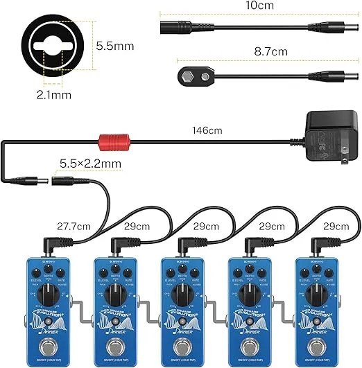 Donner DPA-100 Guitar Pedal Power Supply Adapter 9V DC 1A Tip Negative 5 Way Daisy Chain Cables for Effect Pedal