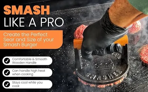 The Burger Smasher™ Pre Seasoned Heavy Duty Cast Iron Burger Press - Smash Burger Press Kit, Grill Press for Smash Burgers,Cooking Weight Press, Food Press, Meat Smasher