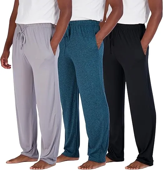 Real Essentials 3 Pack: Men's Soft Pajama Lounge Pants with Drawstring & Pockets - 4-Way Stretch & Wicking-Big & Tall (S-5XL)