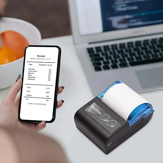Receipt Printer, Portable Mini Thermal Receipt Printer 2 inch Wireless BT USB Receipt Bill Ticket Printer with 58mm Print Paper Compatible with Android Windows for Restaurant Sales Retail