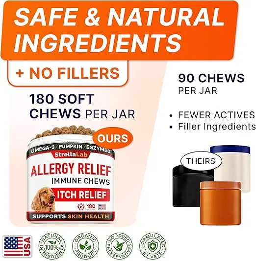 StrellaLab Dog Allergy Relief & Anti Itch Support Chews w/Omega 3: Real Ingredients, Real Taste! Skin & Coat Immune Supplement w/Fish Oil, Pumpkin & Enzymes — Developed by Experts - Made in USA -180Ct