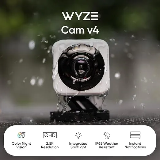 WYZE Cam v4, 2.5K HD WiFi Smart Home Security Camera, Indoor/Outdoor, Pet/Baby Monitor, Motion Activated Spotlight/Siren, Color Night Vision, 2-Way Audio, Compatible with Alexa & Google, Grey, 2 Pack