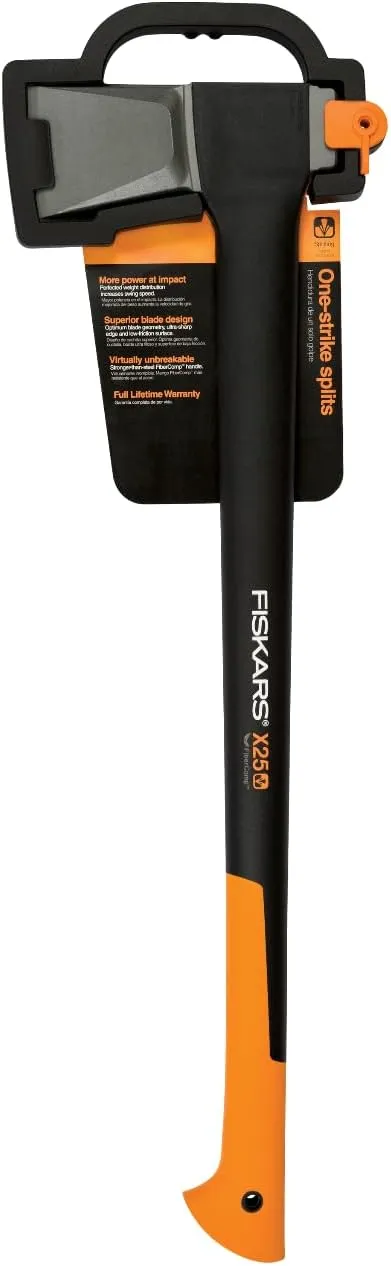 Fiskars X25 Splitting Axe - 28" Wood Splitting Axe for Medium to Large Size Logs with Shock-Absorbing Handle and Axe Sheath - Split Firewood - Forged Steel Blade - Bushcraft Gear and Camping Axe