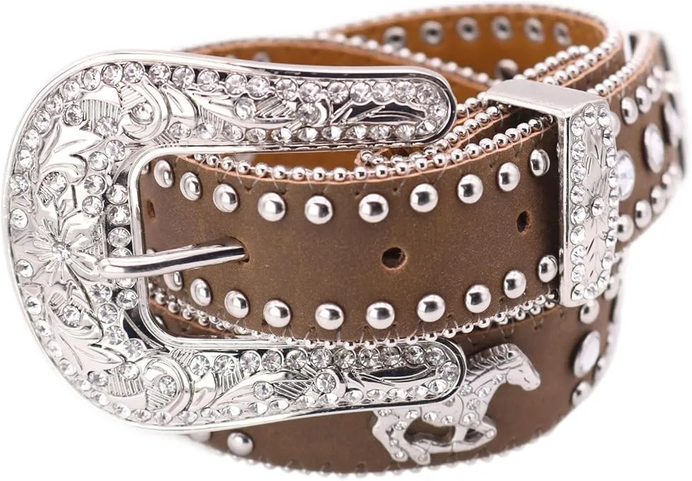 Nocona Girl's Running Horse Conchos Belt, Medium Brown Distressed, 22
