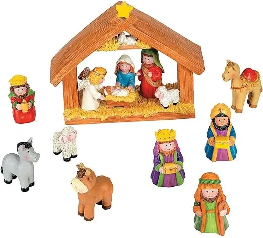 Fun Express Mini Christmas Nativity Set Stable with Jesus Mary Joseph Wisemen - 9 Pieces Red, Blue, Green, Beige, Brown