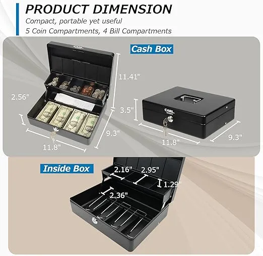 CARL CB-2011 Deluxe Tiered Tray Cash Box, Large, Black