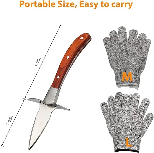 Oyster Shucking Knife with 4 Gloves, Shucker Oyster Knife Set of 2 Stainless Steel Oyster Shucker kit with Oyster Shucking Gloves Stab Resistant for Oysters, Ark Shell, Clams