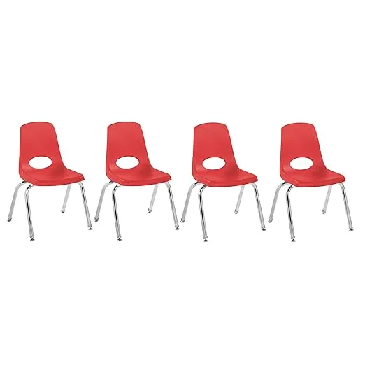 Factory Direct Partners 10381-RD 14" School Stack Chair, Stacking Student Seat with Chromed Steel Legs and Nylon Swivel Glides for in-Home Learning or Classroom - Red (4-Pack)
