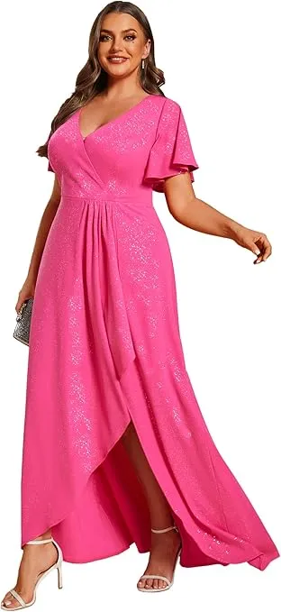 Ever-Pretty Women's Glitter A-line High Low Ruffles Plus Size Wedding Guest Dresses Formal Dresses with Sleeves 01738-PH