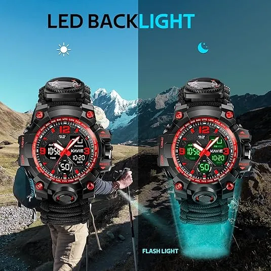 23-in-1 Survival Military Digital Watch, Mens Tactical Multi-Functional and Adjustable Wristband Outdoors Waterproof Sports Watches with Compass Paracord Band