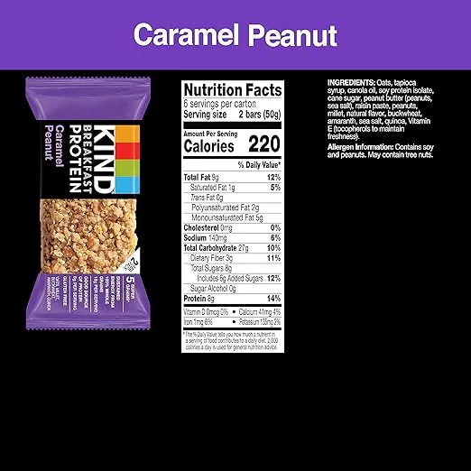 KIND Breakfast Protein Bars, Caramel Peanut, Healthy Snacks, Gluten Free, 30 Count