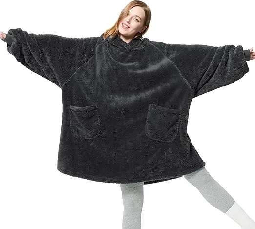 Bedsure Wearable Blanket Hoodie Gifts for Women - Cozy Sherpa Hoodie Blanket for Adult Men, Warm Hooded Blanket Sweatshirt, Charcoal