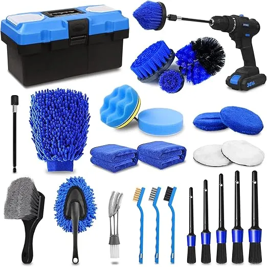 27Pcs Car Detailing Kit, Car Detailing Brush Set, Auto Detailing Drill Brush Set, Car Detailing Brushes, Car Wash Kit, Car Accessories, Car Cleaning Tools Kit for Interior, Exterior, Wheels
