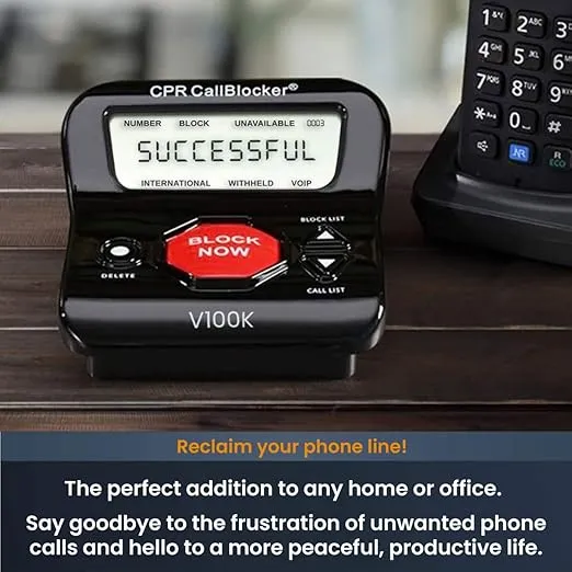 CPR V100K Call Blocker for Landline Phones with Caller ID. Pre-Loaded with 100,000 Nuisance Numbers and Allows Blocking of 10,000 More with a Single Button Press.