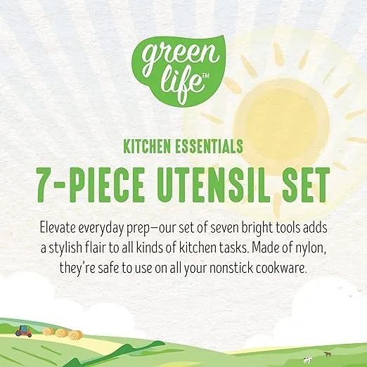 GreenLife Cooking Tools and Utensils, 7 Piece Nylon Set including Spatulas Turner Spoons and Tongs, Dishwasher Safe, Light Yellow