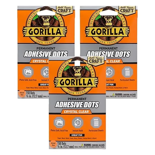 Gorilla Permanent Adhesive Dots, Double-Sided, 150 Pieces, 0.5" Diameter, Clear, (Pack of 3)