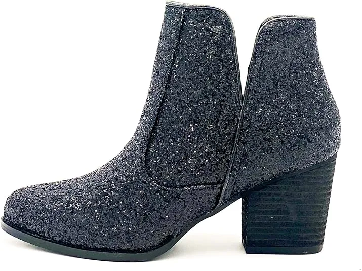 Not Rated Fiera High Heel V-Cut Boot, Sparkly Ankle Boots for Women with Almond Toe, Dress Shoe with 2-3/4" Stacked Block Heel