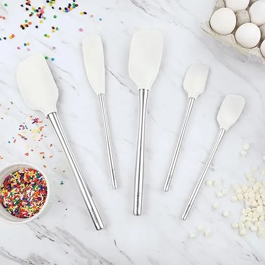 Tovolo 5-Piece Spatula Stainless Steel & Silicone Utensil Set (White): Spatula, Spoonula, Jar Scraper, Mini Spatula, and Mini Spoonula