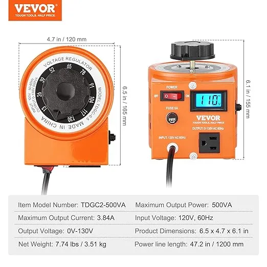 VEVOR Auto Variable Voltage Transformer 500VA, 3.84 Amp 110V Input 0-130V Output AC Voltage Regulator, with LCD Display 4 Extra Fuses Thermal Control Switch for Home Industrial Office