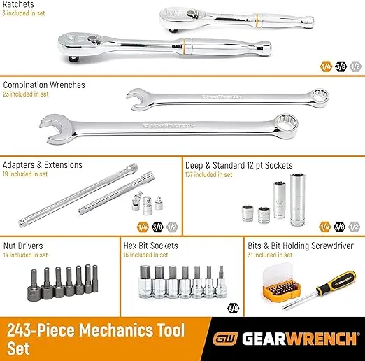 GEARWRENCH 243 Pc. 12 Pt. Mechanics Tool Set in 3 Drawer Storage Box - 80972