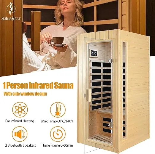 Far Infrared Sauna 1 Person Infrared Sauna Room Canadian Hemlock Wooden Sauna for Home, 1300W Low-EMF Indoor Saunas with Control Panel, Bluetooth Speakers, LED Reading Lamp, Tempered Glass Door