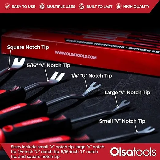 Olsa Tools Automotive Fastener Removers (5pcs) | Plastic Clip Trim Remover | Panel Removal Tool Kit | Ergonomic Soft Grip Handles | Push Pins Rivets Car Door Panel Clips Assortment | Trim Removal Tool