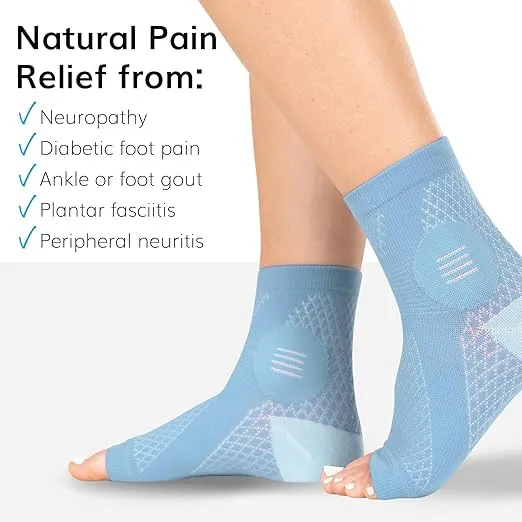 BraceAbility Neuropathy Socks for Women and Men (Pair) - Toeless Compression Foot Neuropathy Socks, Peripheral Neuropathy Socks, Diabetic Neuropathy Socks, Arthritis Socks (L - Light Blue)