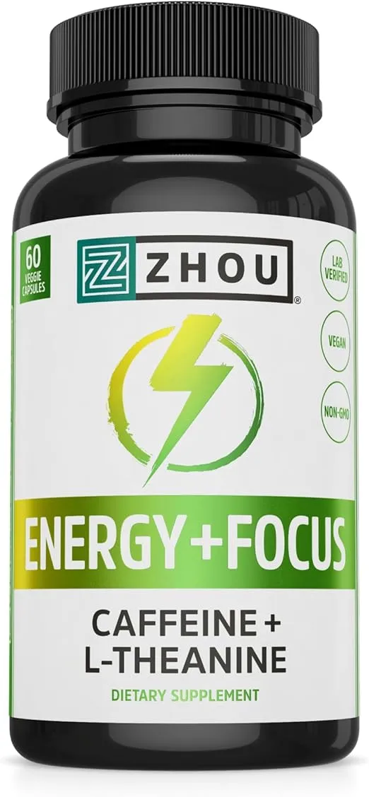 Zhou Natural Caffeine Pills 100mg with L-Theanine 200mg, Nootropic Supplement, Clean Energy, Endurance and MentalFocus, Non-GMO, Vegan, Gluten-Free, 60 Capsules