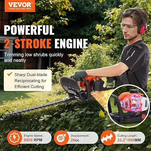 VEVOR 26cc Gas Hedge Trimmer 23.2-Inch Dual-Sided Blade, 2-Cycle Handheld, Lightweight, EPA/CE/EMC Certified, Ideal for Trimming Shrubs and Bushes, with Blade Cover, Gloves, Ear Protectors
