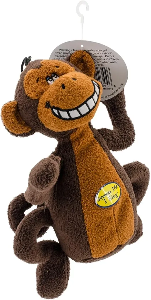 Multipet Deedle Dude 8-Inch Singing Monkey Plush Dog Toy, Brown