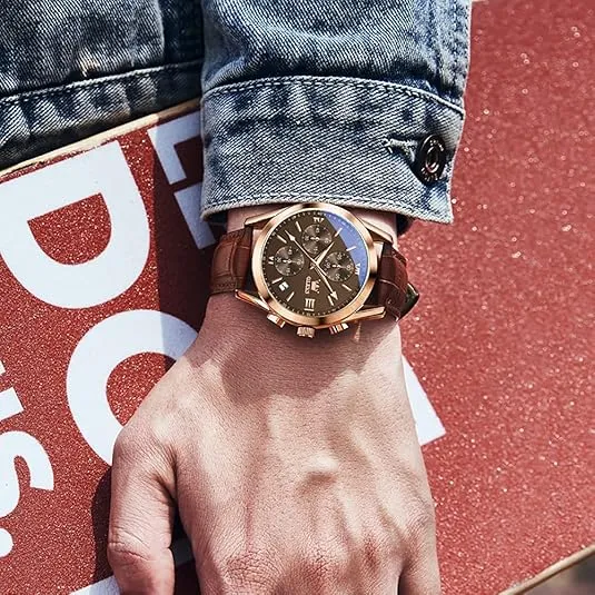 OLEVS Watches for Men Brown Leather Gold Case Analog Quartz Fashion Business Dress Watch Day Date Luminous Waterproof Casual Male Wrist Watches