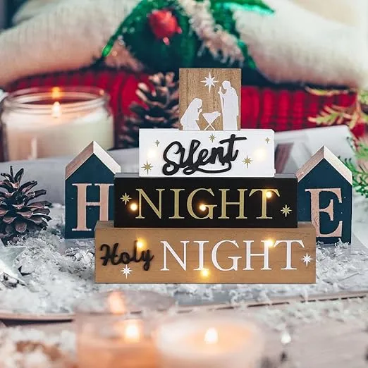 Nativity Sets for Christmas Indoor, MEETYAMOR Large Size LED 4-Layered Nativity Scene Wooden Block Silent Night Holy Night Sign Christmas Decor,Christmas Decorations Indoor for Home, Mantle, Table