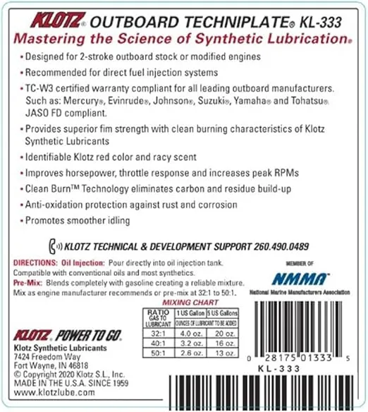 Klotz Outboard TechniPlate Synthetic Premix/Injector Oil for 2-Stroke TC-W3 Marine Engines – 1 Gallon KL-333