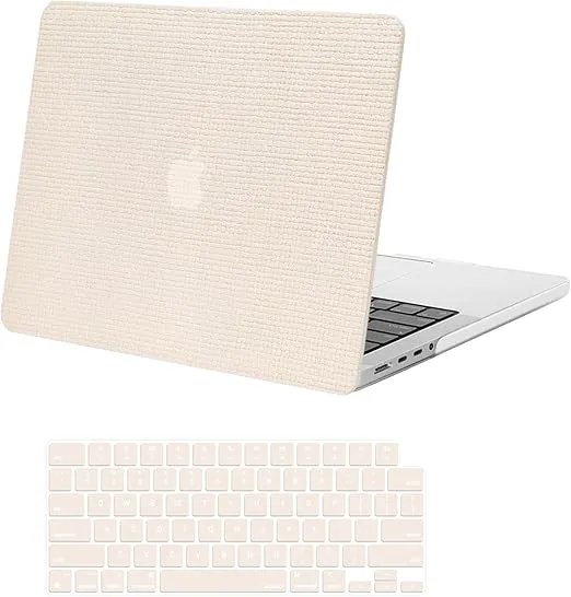 MOSISO Compatible with MacBook Pro 14 inch Case 2024-2021 M4 M3 M2 M1 A3112 A3185 A3401 A2918 A2992 A2779 A2442, Anti-Fingerprint Square Grid PU Leather Coated Plastic Hard Shell&Keyboard Cover, Beige