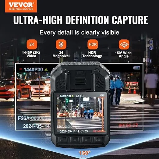 VEVOR 1440P HD Police Body Camera, 64GB Body Cam with Audio Video Recording Picture, Built-in 2850 mAh Battery, 2.0" LCD, Infrared Night Vision, Waterproof Personal Body Cam for Law Enforcement