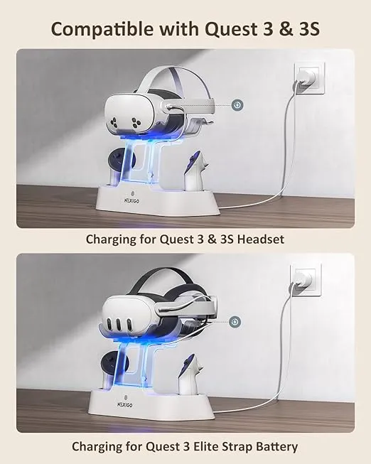 NexiGo Enhanced Charging Dock for Meta Quest 3 and 3S, with LED Light [On/Off], [Support Elite Strap with Battery], Headset Display Holder and Controller Mount, Rechargeable Batteries, White