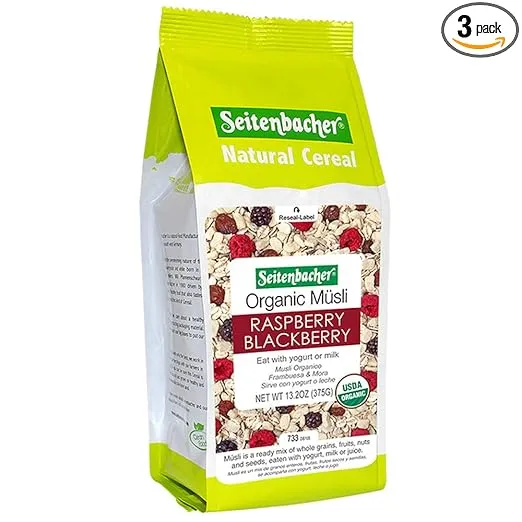 Seitenbacher Muesli Organic Oat, Barley, Raspberry and Blackberry Muesli, Wheat Free, 3 Pack 13.2-Ounce Bags, made in Germany