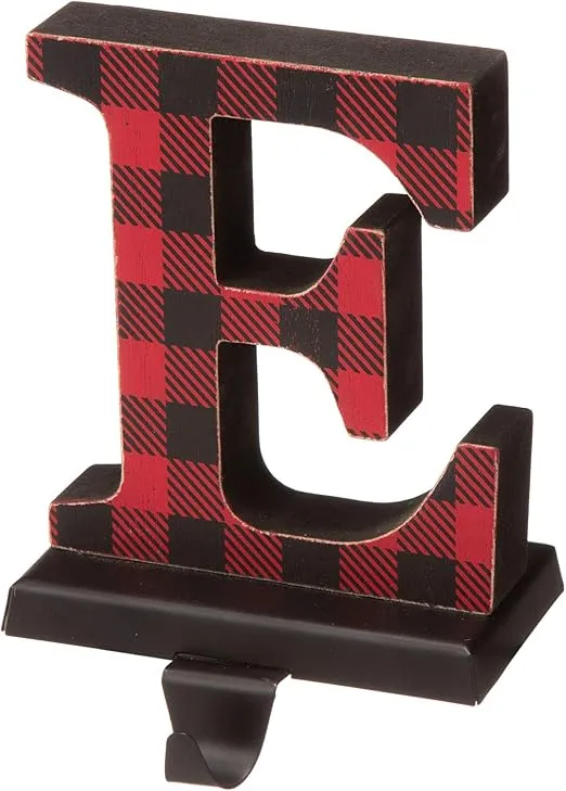 Glitzhome Set of 4 Christmas Stocking Holders, 6.89" H Red and Black Buffalo Plaid Solid Rubberwood Noel Xmas Stocking Hangers Decorative Fireplace Mantle Stocking Holders Seasonal Decor